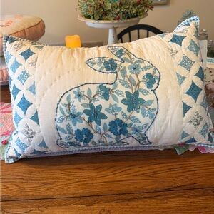 Blue and White Floral Bunny Accent Pillow